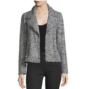 Open-Front Frayed Trim Tweed Jacket